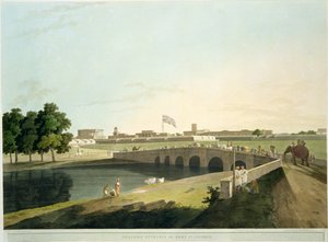 トーマスとウィリアム（1769-1837）ダニエルによって彫刻された「東洋の風景：ヒンドゥースタンの24のビュー」からのプレート38、マドラスのフォートセントジョージの西側入口、ダニエル、1798年公開